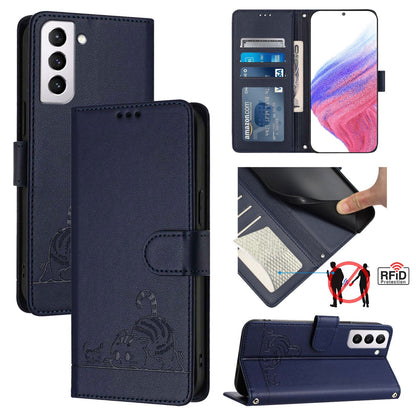 Samsung Galaxy S21+ 5G Leather Phone Case with Cat and Rat Embossed Pattern, RFID Protection, Card Holder Slots, Anti-fall Feature & Lanyard
