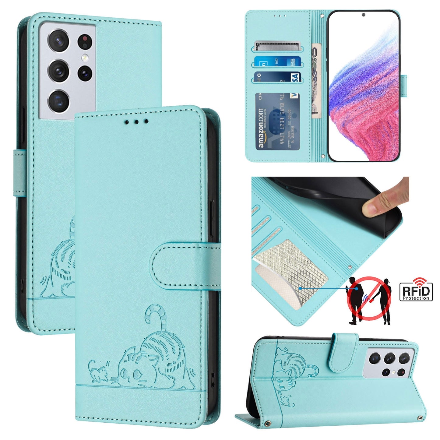 Samsung Galaxy S21 Ultra 5G Leather Phone Case with Cat and Rat Embossed Pattern, RFID Protection, Card Holder Slots, Anti-fall Feature & Lanyard