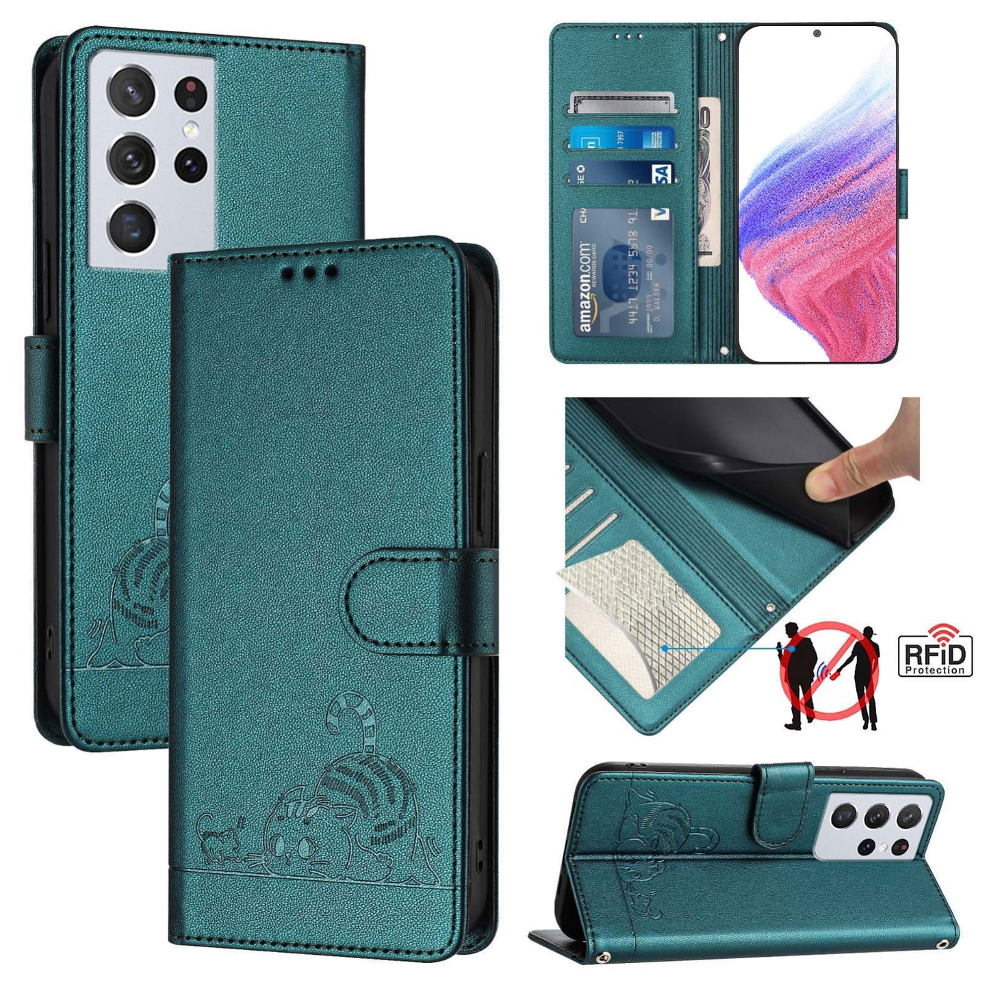 Samsung Galaxy S21 Ultra 5G Leather Phone Case with Cat and Rat Embossed Pattern, RFID Protection, Card Holder Slots, Anti-fall Feature & Lanyard