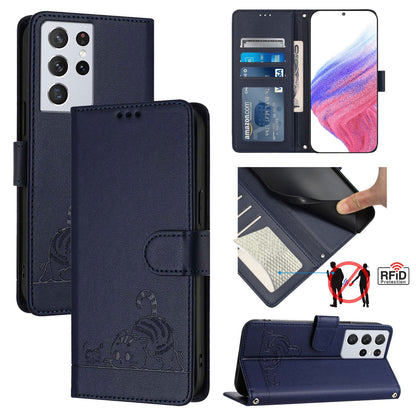 Samsung Galaxy S21 Ultra 5G Leather Phone Case with Cat and Rat Embossed Pattern, RFID Protection, Card Holder Slots, Anti-fall Feature & Lanyard