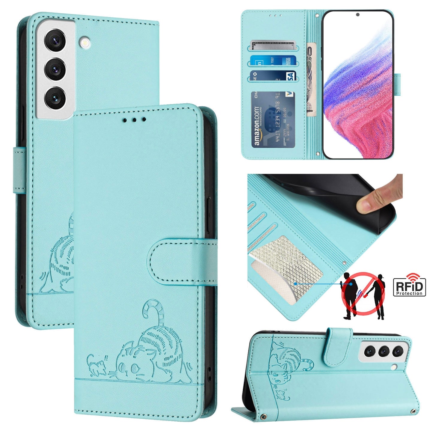 Samsung Galaxy S22 5G Leather Phone Case with Cat and Rat Embossed Pattern, RFID Protection, Card Holder Slots, Anti-fall Feature & Lanyard