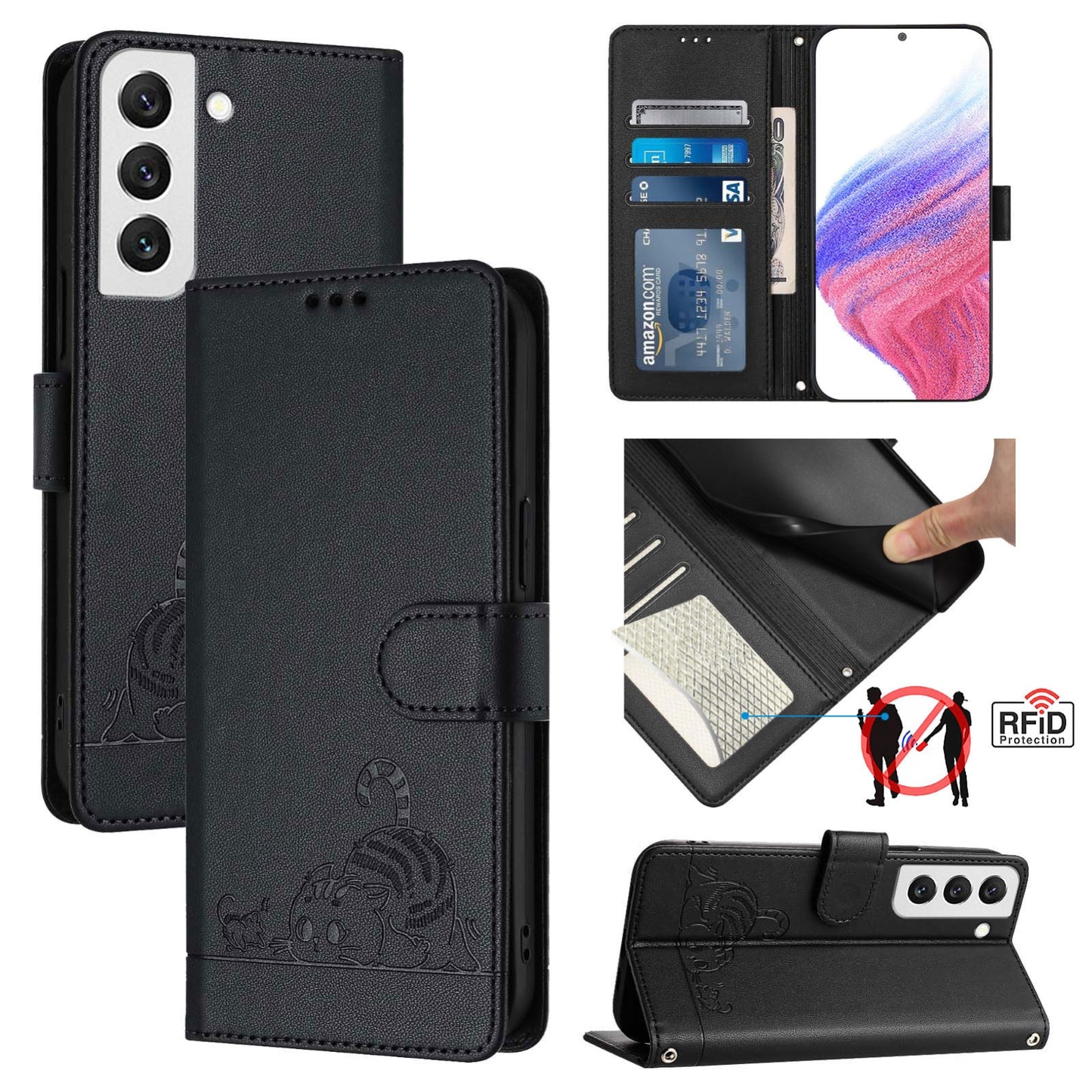 Samsung Galaxy S22 5G Leather Phone Case with Cat and Rat Embossed Pattern, RFID Protection, Card Holder Slots, Anti-fall Feature & Lanyard