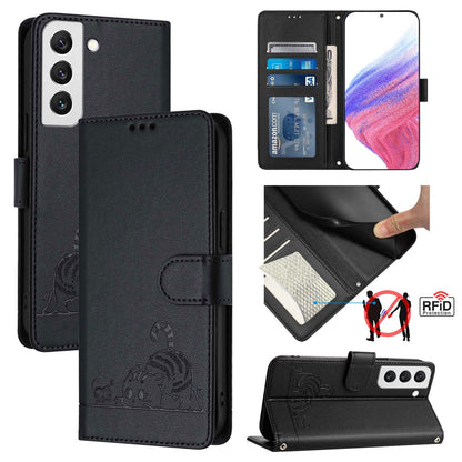 Samsung Galaxy S22 5G Leather Phone Case with Cat and Rat Embossed Pattern, RFID Protection, Card Holder Slots, Anti-fall Feature & Lanyard