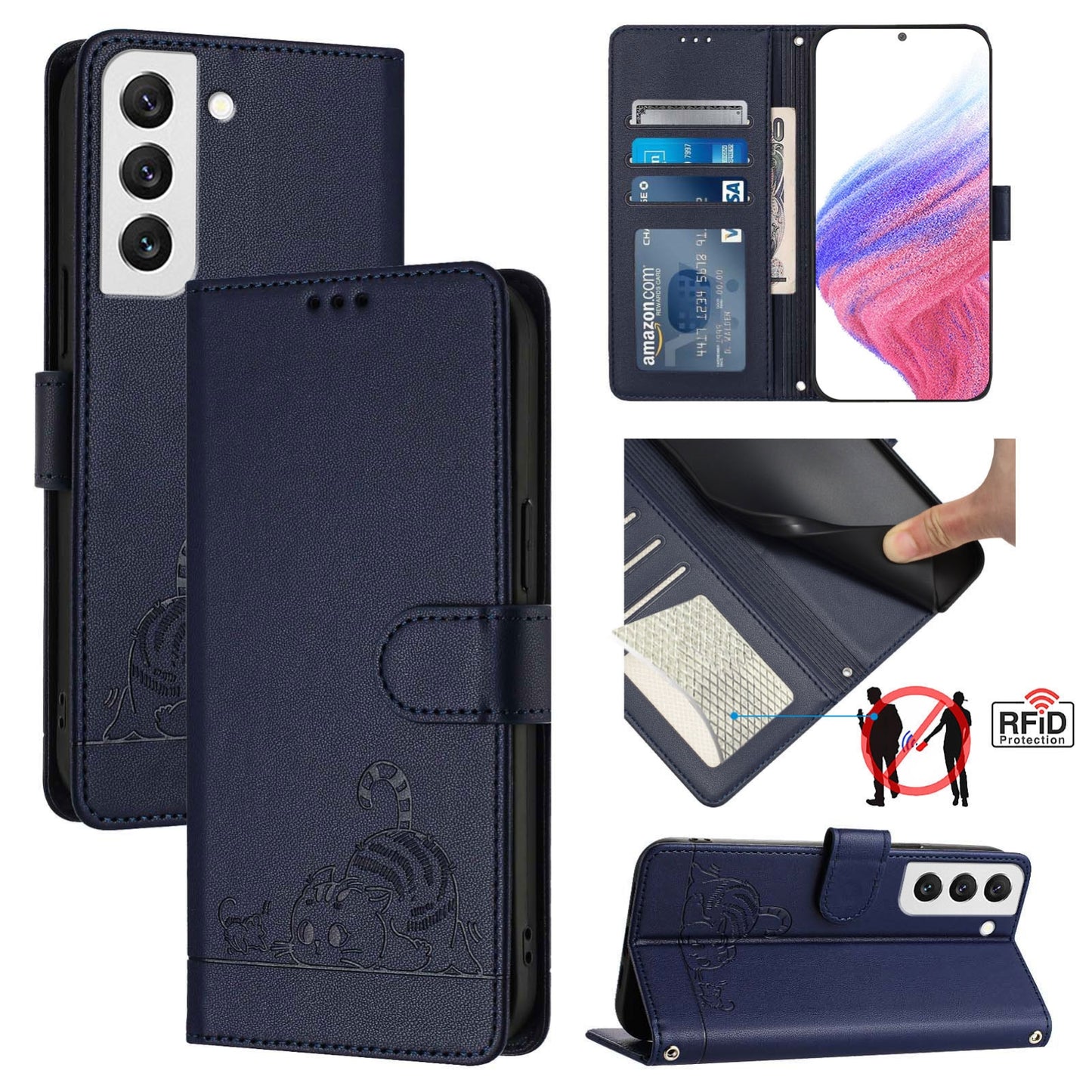 Samsung Galaxy S22 5G Leather Phone Case with Cat and Rat Embossed Pattern, RFID Protection, Card Holder Slots, Anti-fall Feature & Lanyard