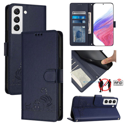 Samsung Galaxy S22 5G Leather Phone Case with Cat and Rat Embossed Pattern, RFID Protection, Card Holder Slots, Anti-fall Feature & Lanyard