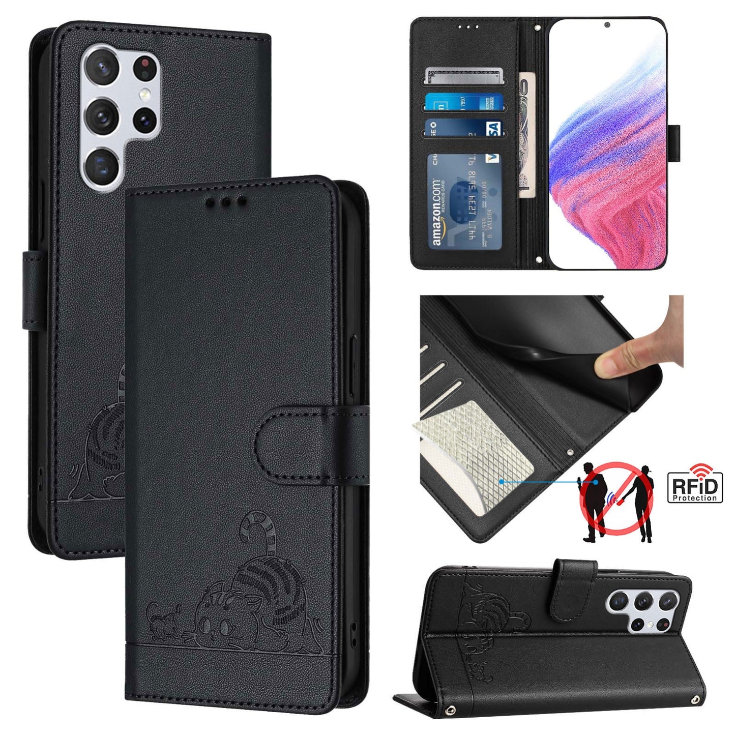 Samsung Galaxy S22 Ultra 5G Leather Phone Case with Cat and Rat Embossed Pattern, RFID Protection, Card Holder Slots, Anti-fall Feature & Lanyard