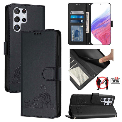 Samsung Galaxy S22 Ultra 5G Leather Phone Case with Cat and Rat Embossed Pattern, RFID Protection, Card Holder Slots, Anti-fall Feature & Lanyard