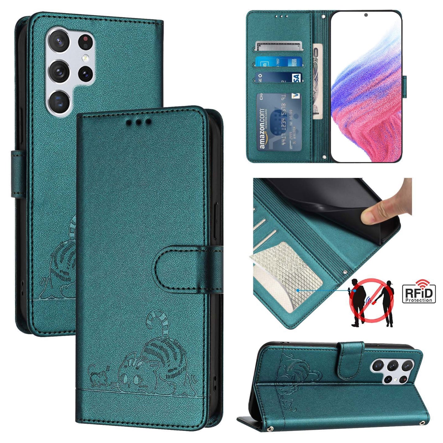 Samsung Galaxy S22 Ultra 5G Leather Phone Case with Cat and Rat Embossed Pattern, RFID Protection, Card Holder Slots, Anti-fall Feature & Lanyard