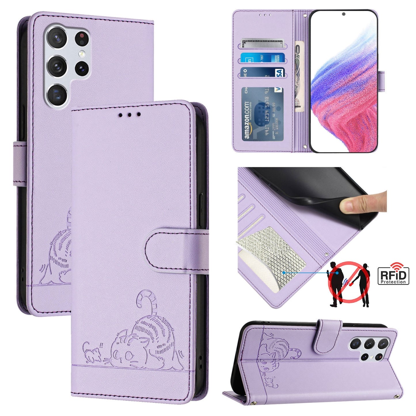 Samsung Galaxy S22 Ultra 5G Leather Phone Case with Cat and Rat Embossed Pattern, RFID Protection, Card Holder Slots, Anti-fall Feature & Lanyard