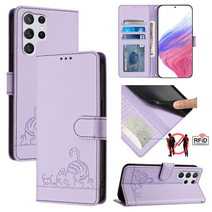 Samsung Galaxy S22 Ultra 5G Leather Phone Case with Cat and Rat Embossed Pattern, RFID Protection, Card Holder Slots, Anti-fall Feature & Lanyard