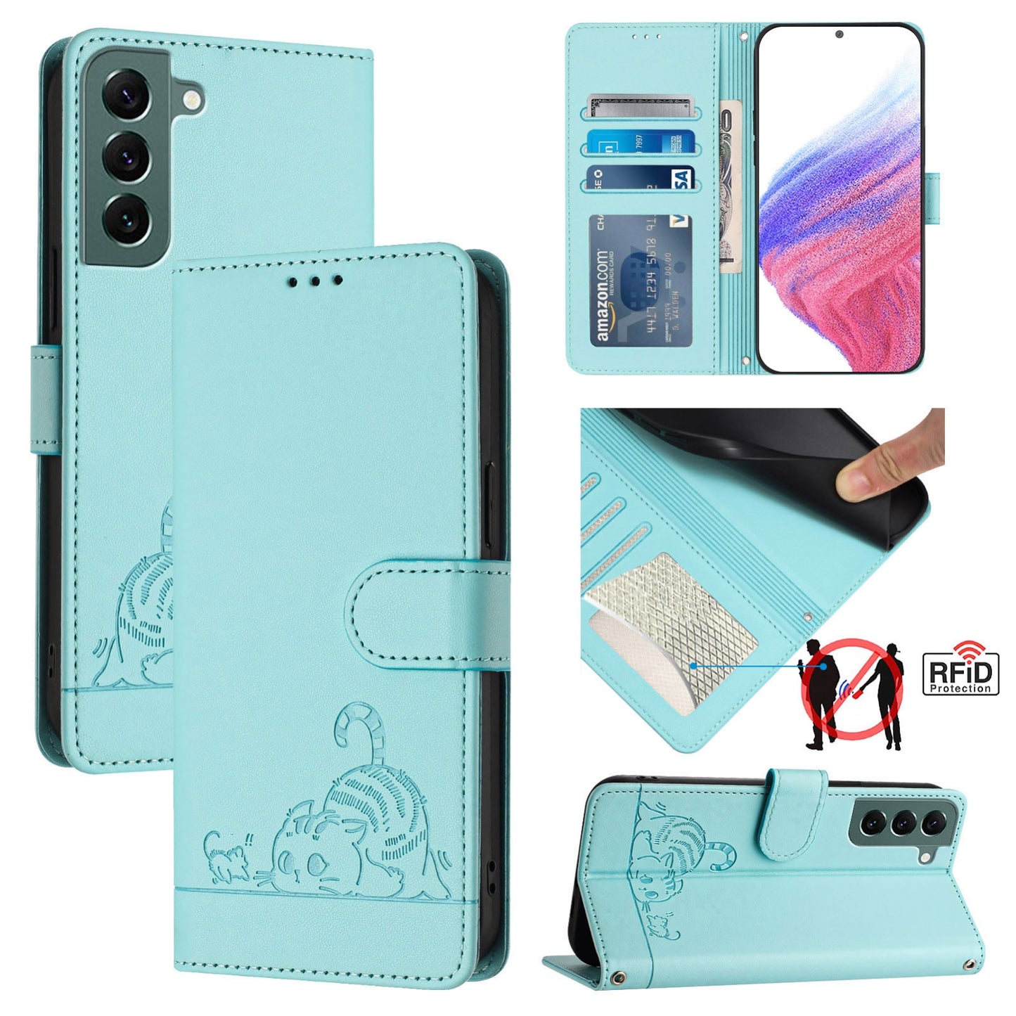 Samsung Galaxy S22+ 5G Leather Phone Case with Cat and Rat Embossed Pattern, RFID Protection, Card Holder Slots, Anti-fall Feature & Lanyard