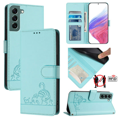 Samsung Galaxy S22+ 5G Leather Phone Case with Cat and Rat Embossed Pattern, RFID Protection, Card Holder Slots, Anti-fall Feature & Lanyard