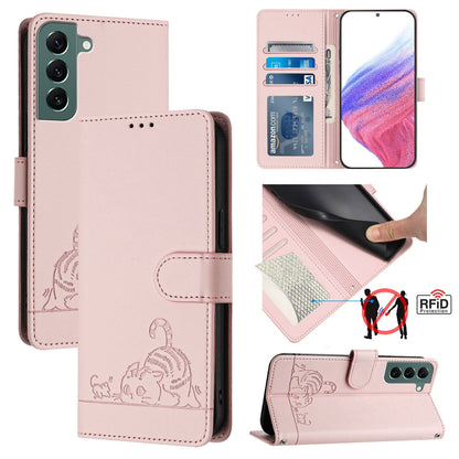 Samsung Galaxy S22+ 5G Leather Phone Case with Cat and Rat Embossed Pattern, RFID Protection, Card Holder Slots, Anti-fall Feature & Lanyard