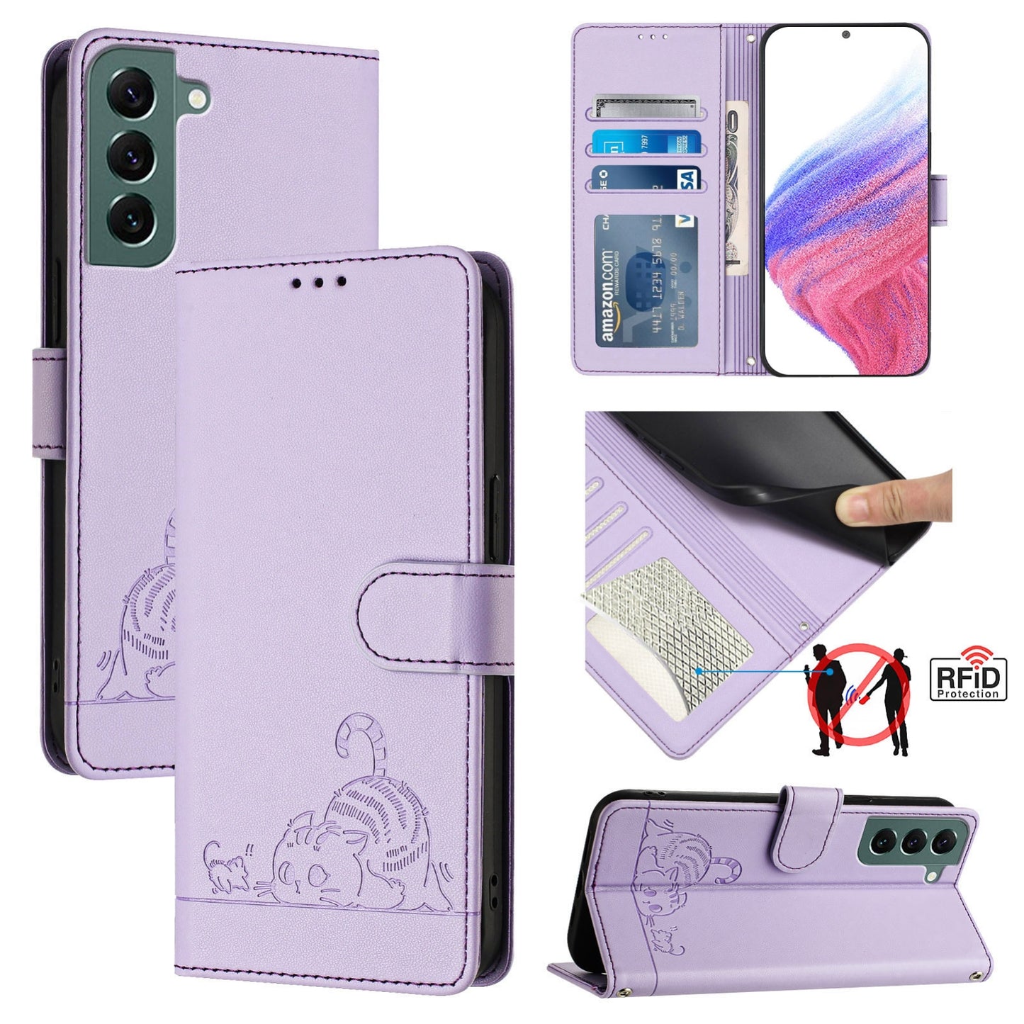 Samsung Galaxy S22+ 5G Leather Phone Case with Cat and Rat Embossed Pattern, RFID Protection, Card Holder Slots, Anti-fall Feature & Lanyard