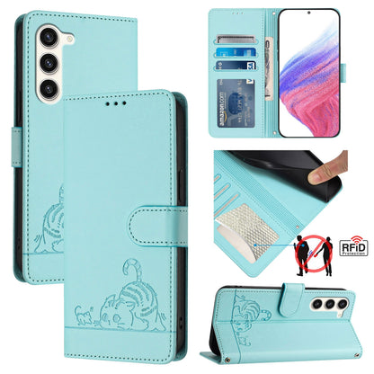 Samsung Galaxy S23 5G Leather Phone Case with Cat and Rat Embossed Pattern, RFID Protection, Card Holder Slots, Anti-fall Feature & Lanyard