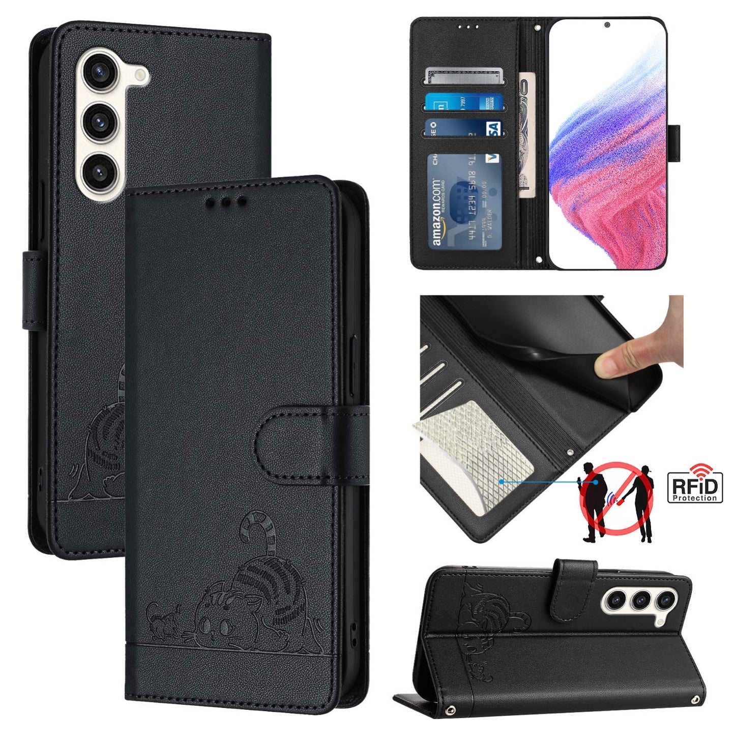 Samsung Galaxy S23 5G Leather Phone Case with Cat and Rat Embossed Pattern, RFID Protection, Card Holder Slots, Anti-fall Feature & Lanyard