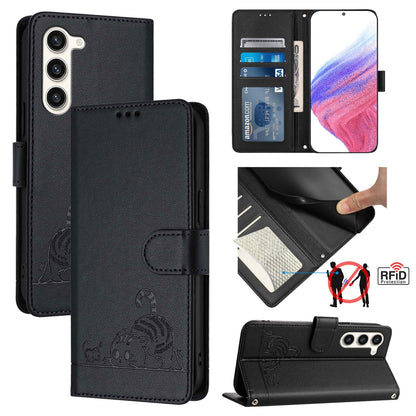 Samsung Galaxy S23 5G Leather Phone Case with Cat and Rat Embossed Pattern, RFID Protection, Card Holder Slots, Anti-fall Feature & Lanyard