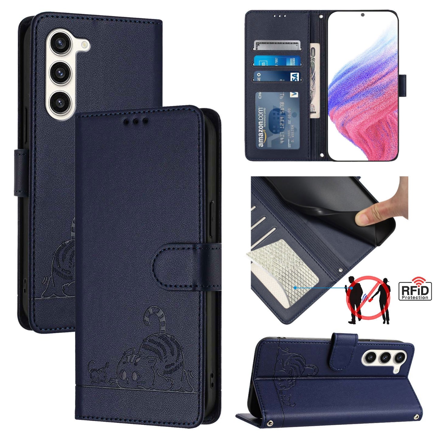 Samsung Galaxy S23 5G Leather Phone Case with Cat and Rat Embossed Pattern, RFID Protection, Card Holder Slots, Anti-fall Feature & Lanyard