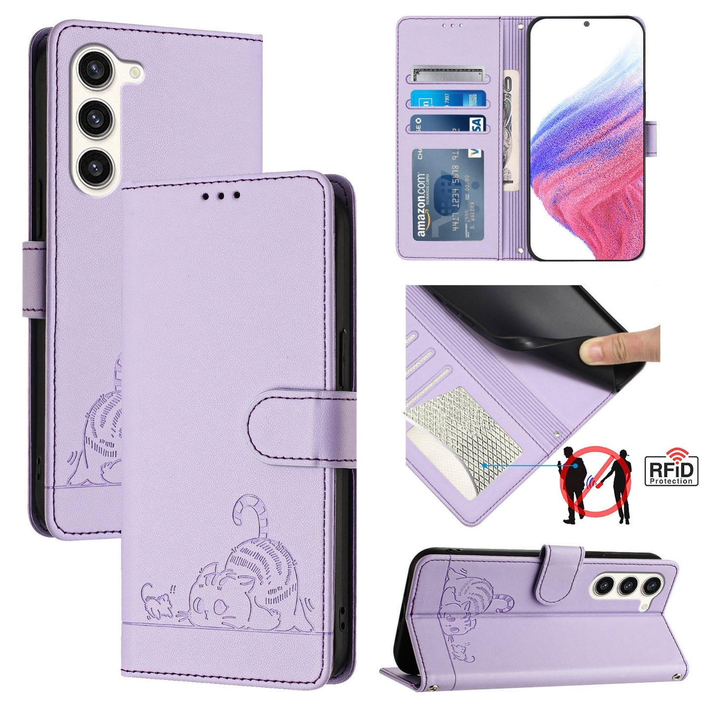 Samsung Galaxy S23 5G Leather Phone Case with Cat and Rat Embossed Pattern, RFID Protection, Card Holder Slots, Anti-fall Feature & Lanyard
