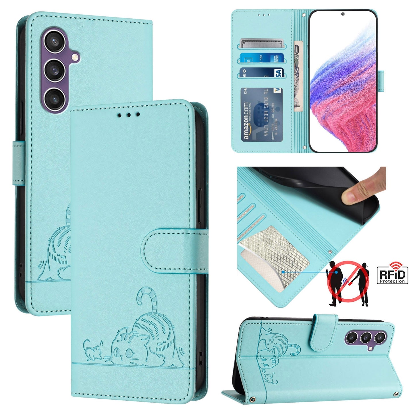 Samsung Galaxy S23 FE 5G Leather Phone Case with Cat and Rat Embossed Pattern, RFID Protection, Card Holder Slots, Anti-fall Feature & Lanyard