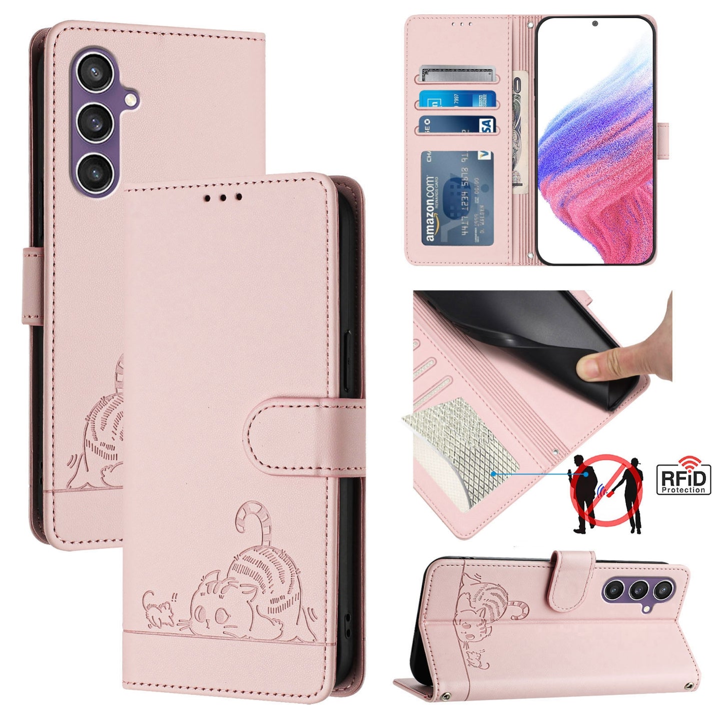 Samsung Galaxy S23 FE 5G Leather Phone Case with Cat and Rat Embossed Pattern, RFID Protection, Card Holder Slots, Anti-fall Feature & Lanyard
