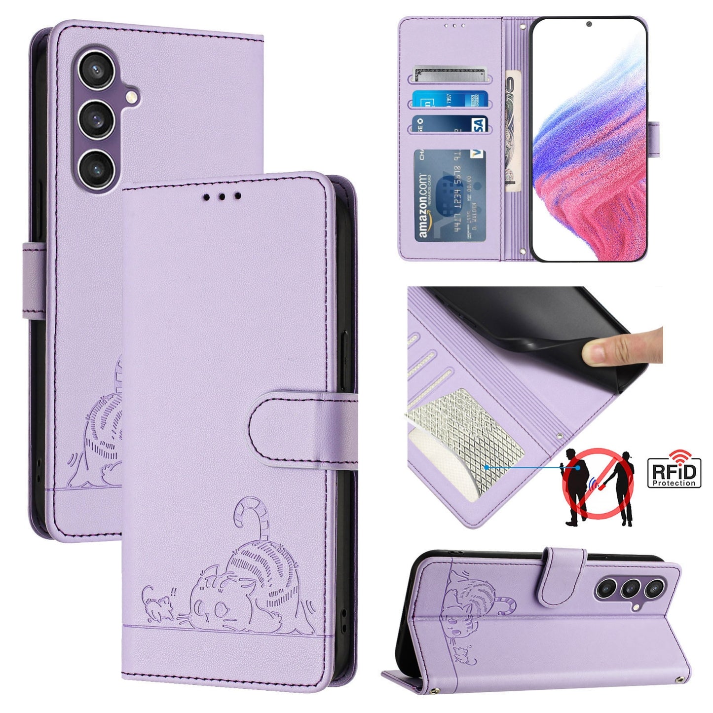 Samsung Galaxy S23 FE 5G Leather Phone Case with Cat and Rat Embossed Pattern, RFID Protection, Card Holder Slots, Anti-fall Feature & Lanyard