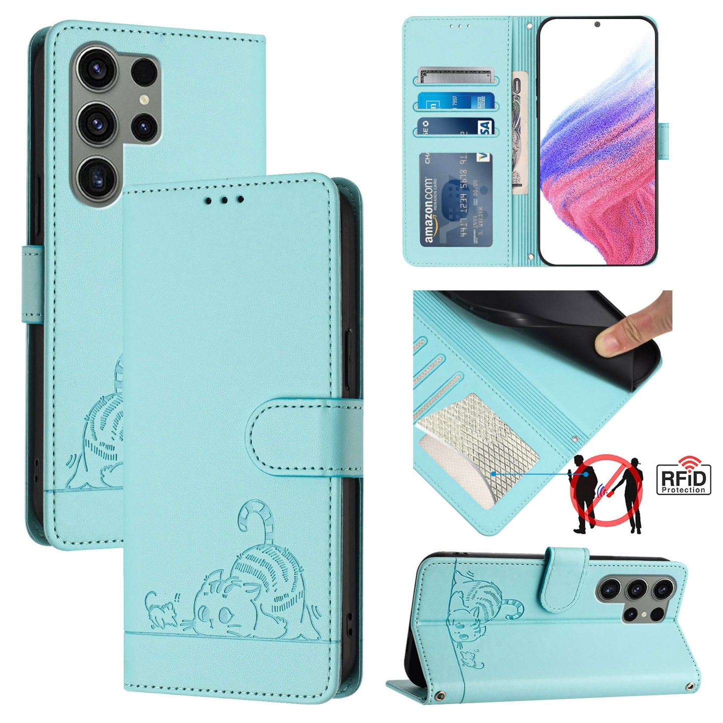 Samsung Galaxy S23 Ultra 5G Leather Phone Case with Cat and Rat Embossed Pattern, RFID Protection, Card Holder Slots, Anti-fall Feature & Lanyard