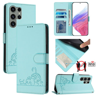 Samsung Galaxy S23 Ultra 5G Leather Phone Case with Cat and Rat Embossed Pattern, RFID Protection, Card Holder Slots, Anti-fall Feature & Lanyard