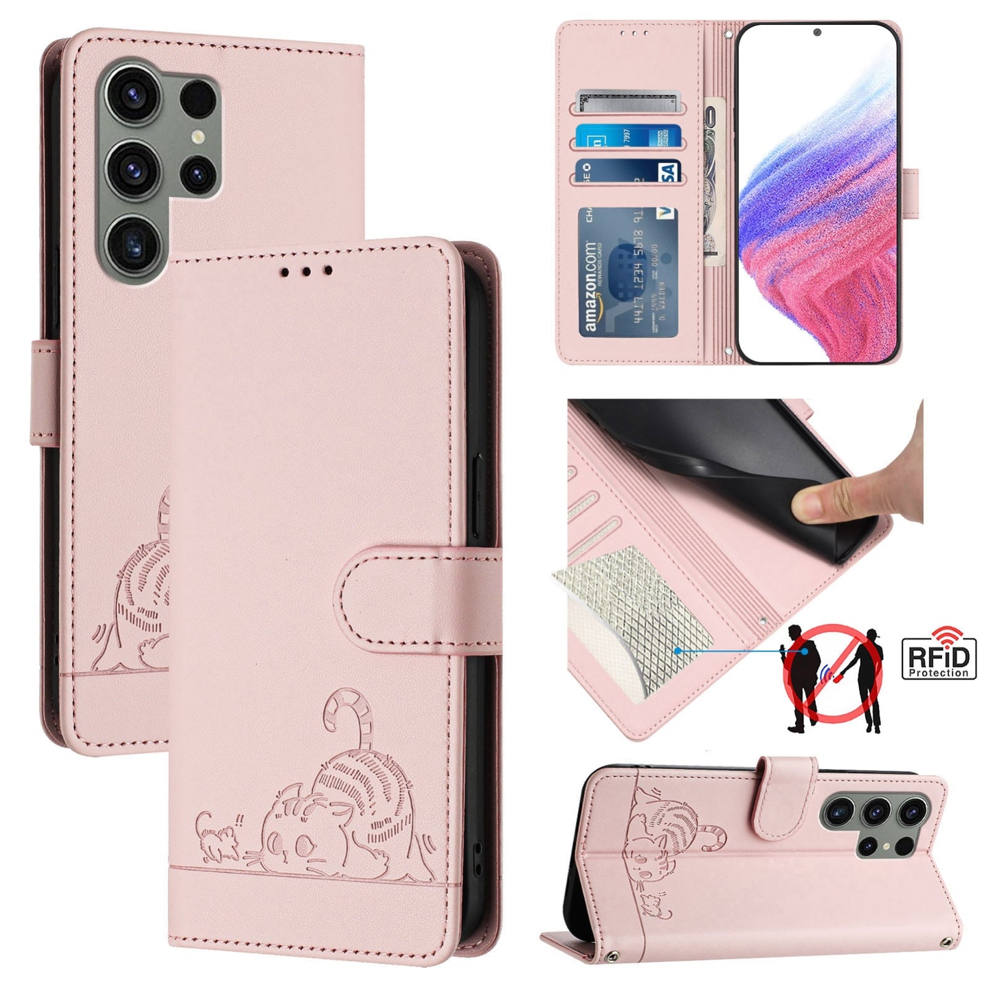 Samsung Galaxy S23 Ultra 5G Leather Phone Case with Cat and Rat Embossed Pattern, RFID Protection, Card Holder Slots, Anti-fall Feature & Lanyard