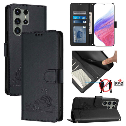 Samsung Galaxy S23 Ultra 5G Leather Phone Case with Cat and Rat Embossed Pattern, RFID Protection, Card Holder Slots, Anti-fall Feature & Lanyard