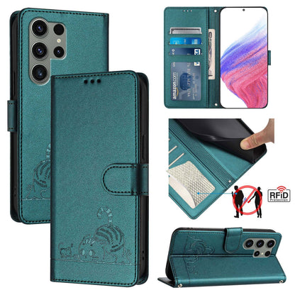 Samsung Galaxy S23 Ultra 5G Leather Phone Case with Cat and Rat Embossed Pattern, RFID Protection, Card Holder Slots, Anti-fall Feature & Lanyard