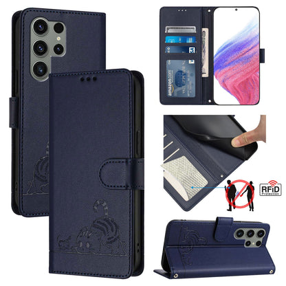 Samsung Galaxy S23 Ultra 5G Leather Phone Case with Cat and Rat Embossed Pattern, RFID Protection, Card Holder Slots, Anti-fall Feature & Lanyard