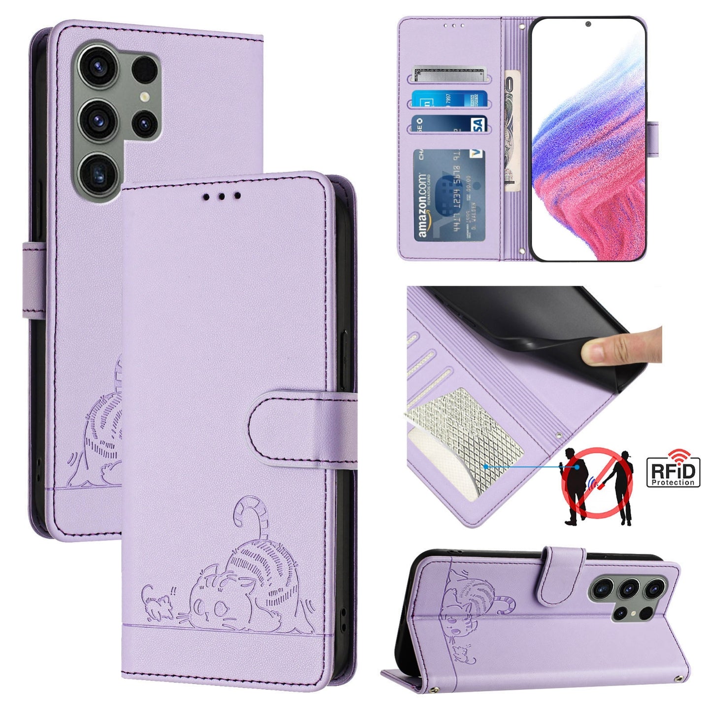 Samsung Galaxy S23 Ultra 5G Leather Phone Case with Cat and Rat Embossed Pattern, RFID Protection, Card Holder Slots, Anti-fall Feature & Lanyard