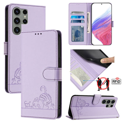 Samsung Galaxy S23 Ultra 5G Leather Phone Case with Cat and Rat Embossed Pattern, RFID Protection, Card Holder Slots, Anti-fall Feature & Lanyard
