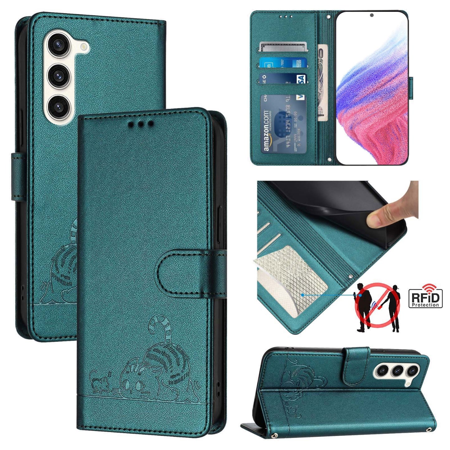 Samsung Galaxy S23+ 5G Leather Phone Case with Cat and Rat Embossed Pattern, RFID Protection, Card Holder Slots, Anti-fall Feature & Lanyard