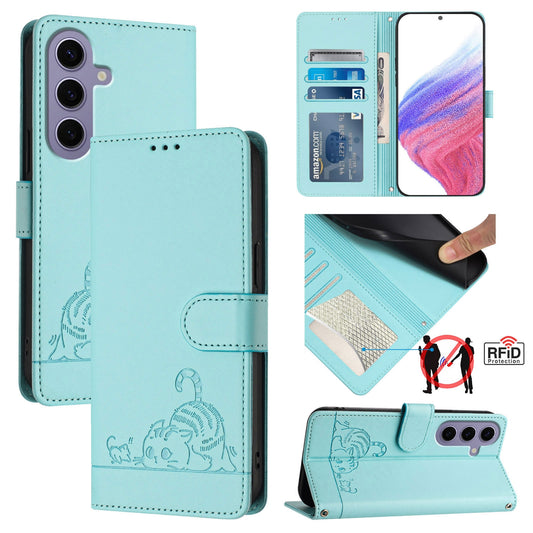 Samsung Galaxy S24 5G Leather Phone Case with Cat and Rat Embossed Pattern, RFID Protection, Card Holder Slots, Anti-fall Feature & Lanyard