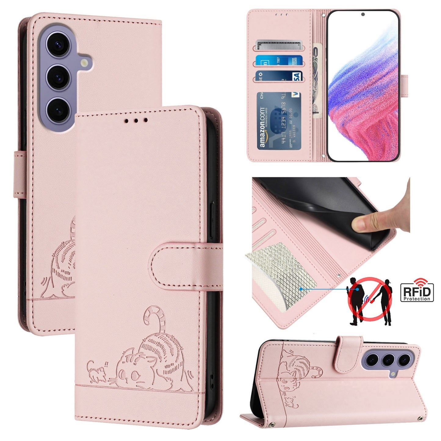 Samsung Galaxy S24 5G Leather Phone Case with Cat and Rat Embossed Pattern, RFID Protection, Card Holder Slots, Anti-fall Feature & Lanyard