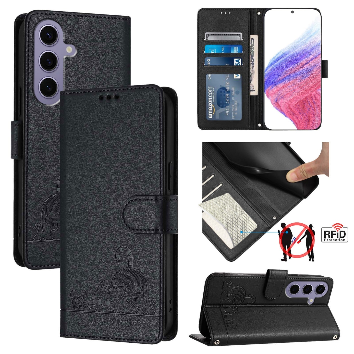 Samsung Galaxy S24 5G Leather Phone Case with Cat and Rat Embossed Pattern, RFID Protection, Card Holder Slots, Anti-fall Feature & Lanyard