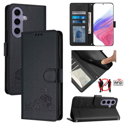 Samsung Galaxy S24 5G Leather Phone Case with Cat and Rat Embossed Pattern, RFID Protection, Card Holder Slots, Anti-fall Feature & Lanyard
