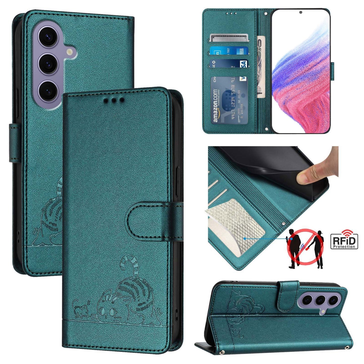 Samsung Galaxy S24 5G Leather Phone Case with Cat and Rat Embossed Pattern, RFID Protection, Card Holder Slots, Anti-fall Feature & Lanyard