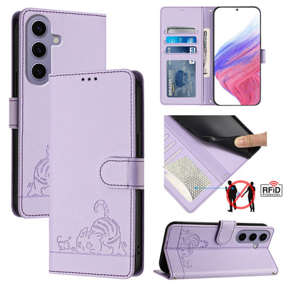 Samsung Galaxy S24 5G Leather Phone Case with Cat and Rat Embossed Pattern, RFID Protection, Card Holder Slots, Anti-fall Feature & Lanyard