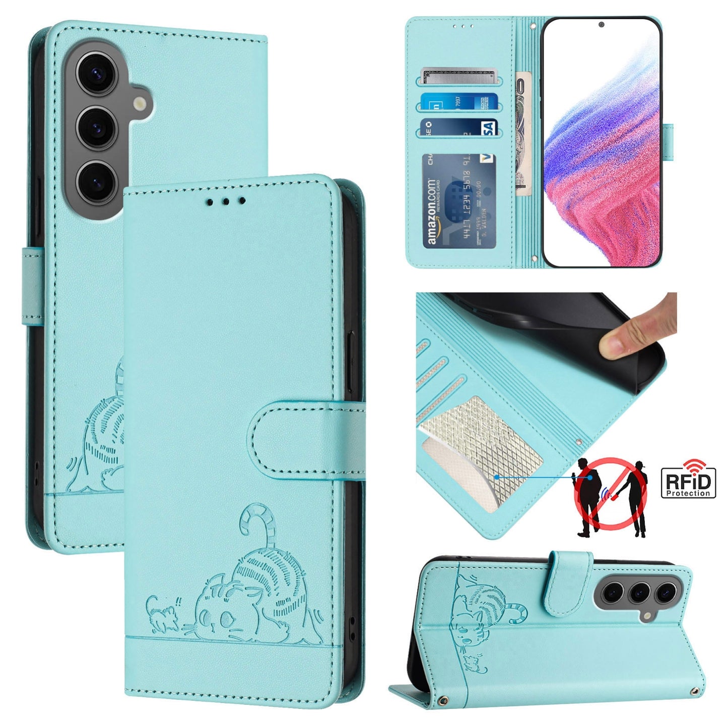 Samsung Galaxy S24+ 5G Leather Phone Case with Cat and Rat Embossed Pattern, RFID Protection, Card Holder Slots, Anti-fall Feature & Lanyard