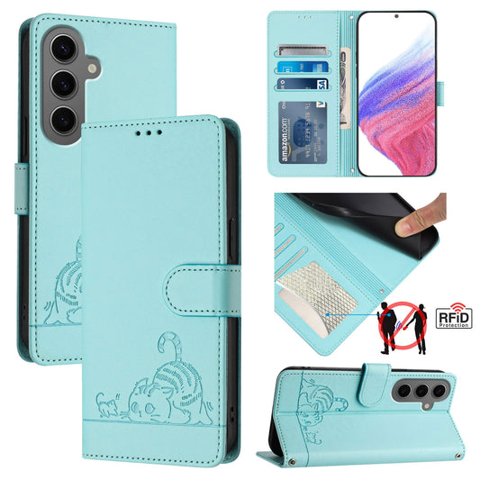 Samsung Galaxy S24+ 5G Leather Phone Case with Cat and Rat Embossed Pattern, RFID Protection, Card Holder Slots, Anti-fall Feature & Lanyard