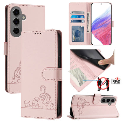 Samsung Galaxy S24+ 5G Leather Phone Case with Cat and Rat Embossed Pattern, RFID Protection, Card Holder Slots, Anti-fall Feature & Lanyard