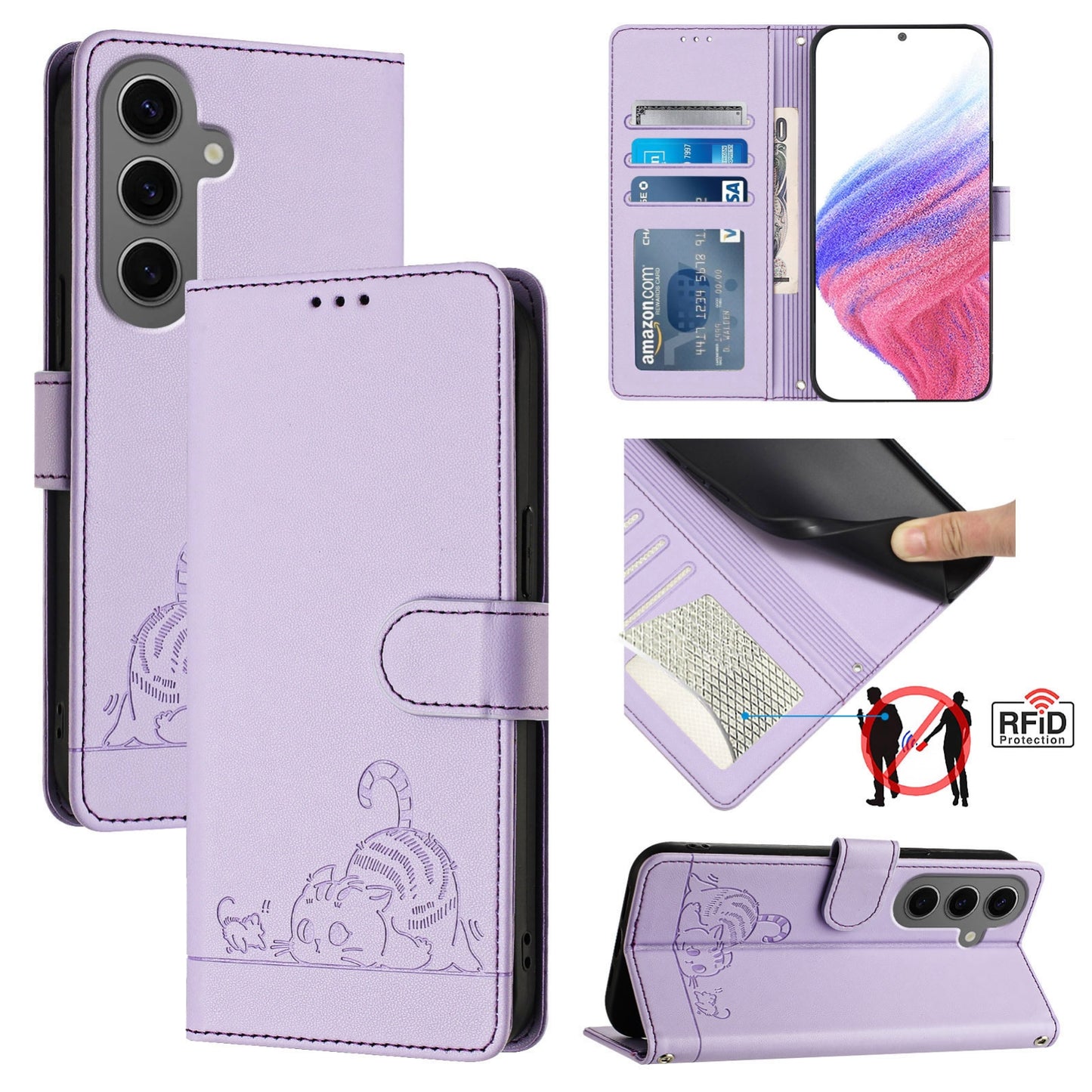 Samsung Galaxy S24+ 5G Leather Phone Case with Cat and Rat Embossed Pattern, RFID Protection, Card Holder Slots, Anti-fall Feature & Lanyard