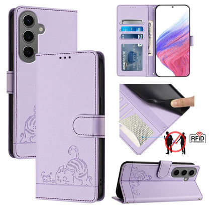 Samsung Galaxy S24+ 5G Leather Phone Case with Cat and Rat Embossed Pattern, RFID Protection, Card Holder Slots, Anti-fall Feature & Lanyard