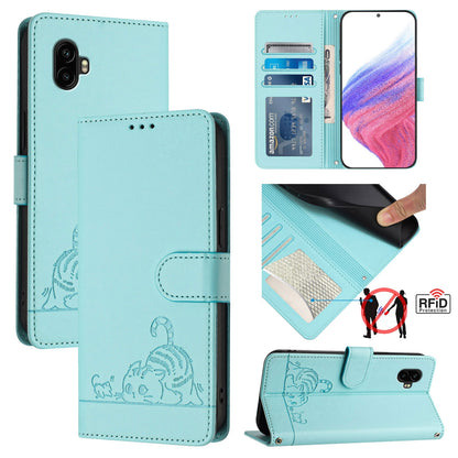 Samsung Galaxy Xcover6 Pro Leather Phone Case with Cat and Rat Embossed Pattern, RFID Protection, Card Holder Slots, Anti-fall Feature & Lanyard