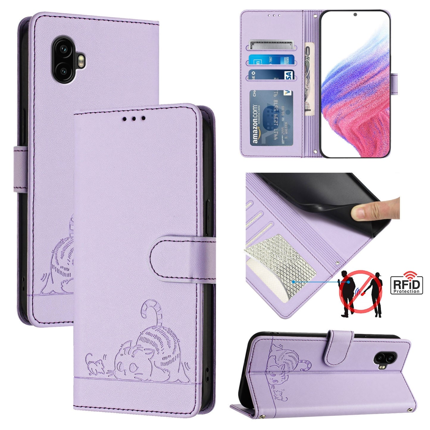 Samsung Galaxy Xcover6 Pro Leather Phone Case with Cat and Rat Embossed Pattern, RFID Protection, Card Holder Slots, Anti-fall Feature & Lanyard