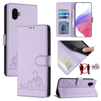 Samsung Galaxy Xcover6 Pro Leather Phone Case with Cat and Rat Embossed Pattern, RFID Protection, Card Holder Slots, Anti-fall Feature & Lanyard