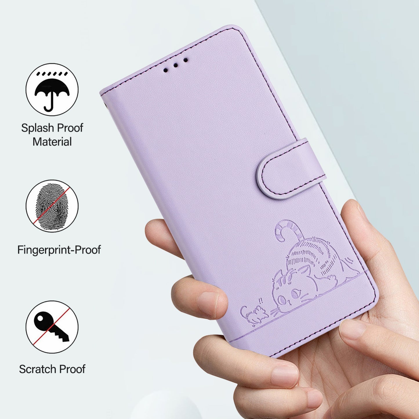 Samsung Galaxy Xcover6 Pro Leather Phone Case with Cat and Rat Embossed Pattern, RFID Protection, Card Holder Slots, Anti-fall Feature & Lanyard